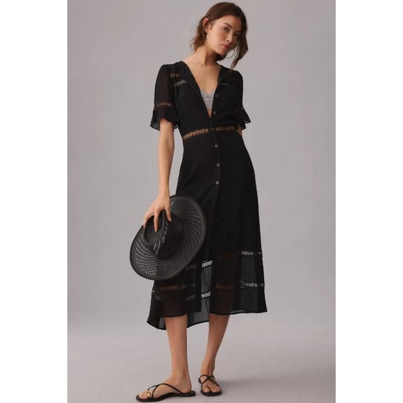 NWT NWT Reformation Woodson in Black Lace Trim Midi Button Down Shirt Dress 12 - Picture 7 of 10